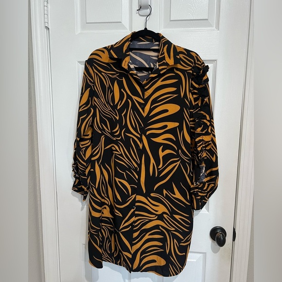 Women’s Button-up Polo Dress Black and Yellow Printed Collared Ruffle Fall Large - Picture 3 of 8